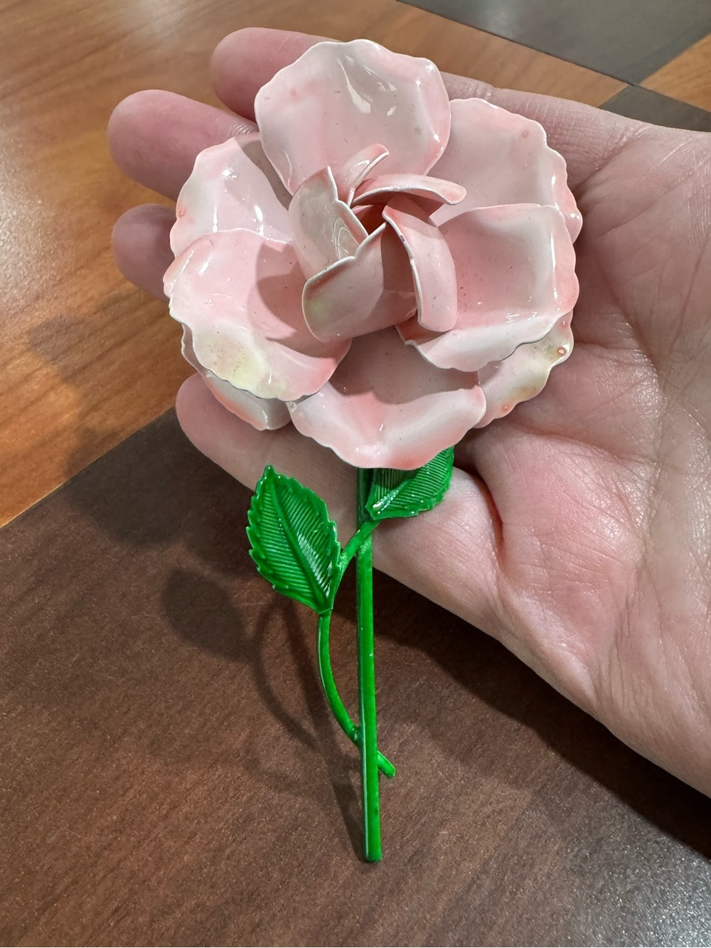 Vintage enamel metal flower brooch in pink and green, EUC. 4 3/4” long!